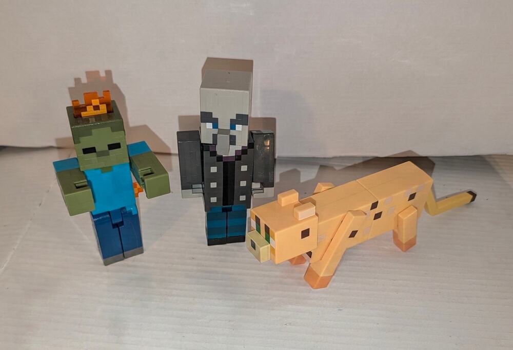 Lot 3 Minecraft Figures Rare Ocelot Chopping Vindicator Zombie in Flames